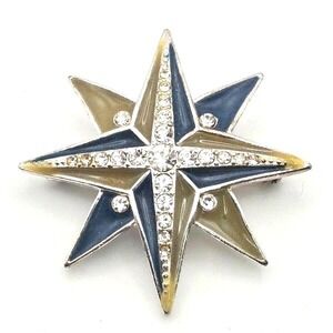 Vintage Liz Claiborne Silvertone Blue and Green 8 Point Star Rhinestone Brooch